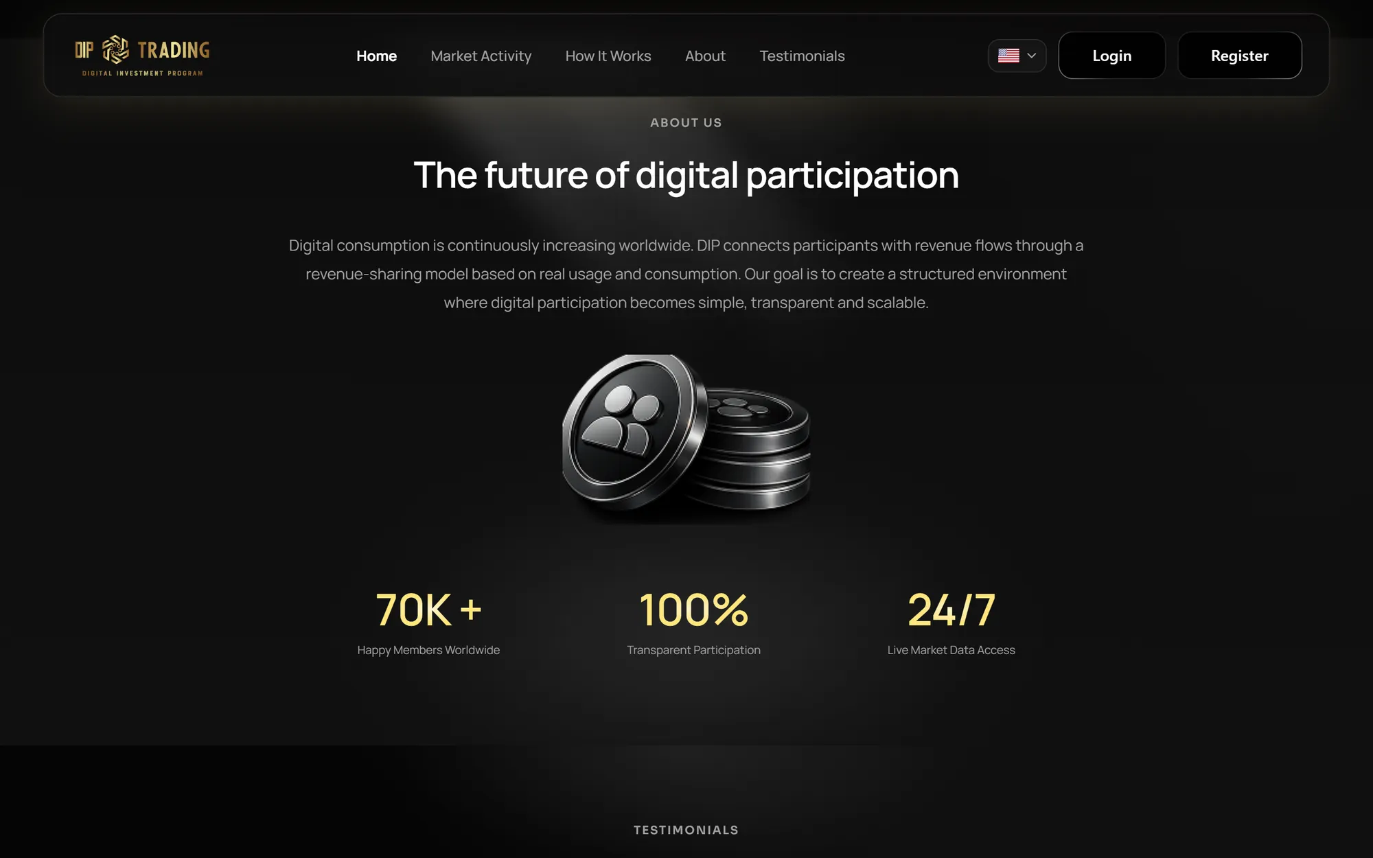 About section with a 3D coin graphic