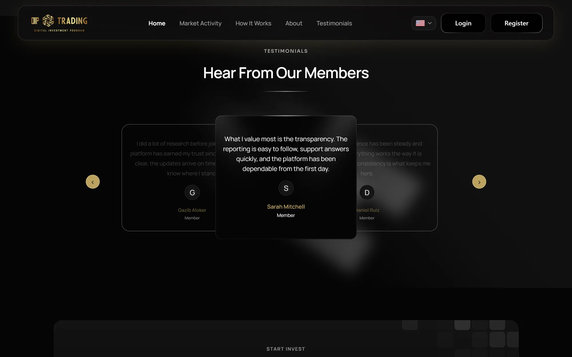 Member testimonial carousel on a dark background
