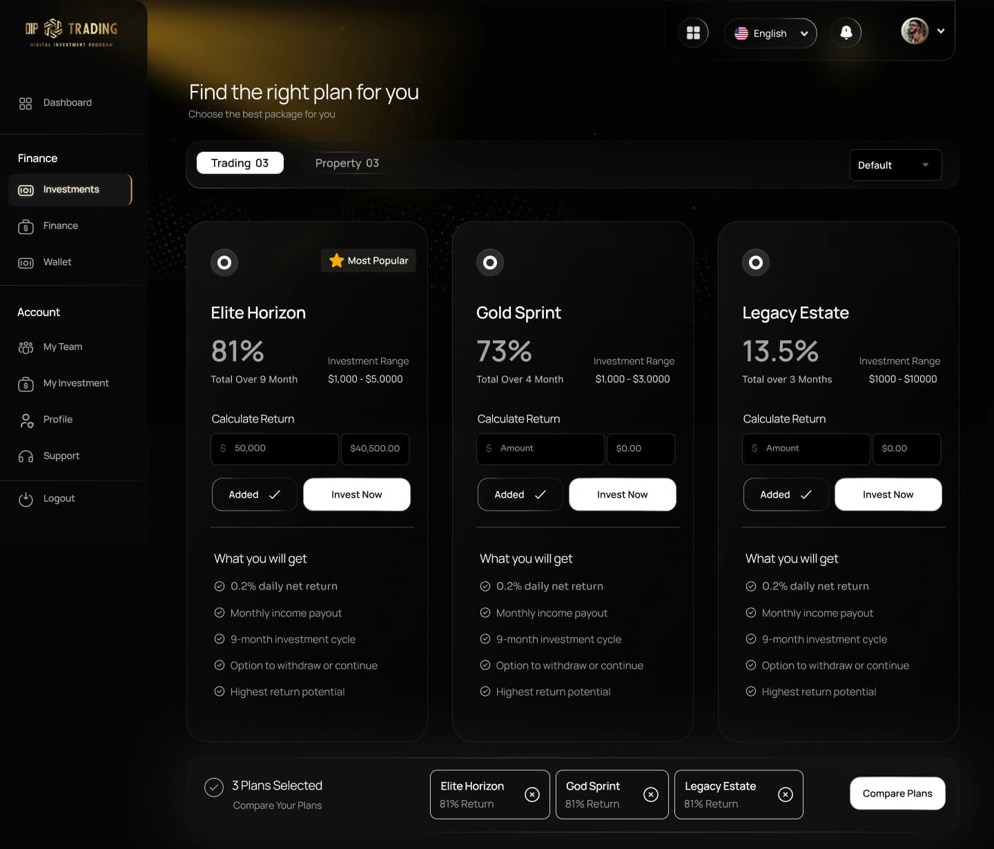 DIP Trading dashboard screen design — Investment plans — choose and compare packages