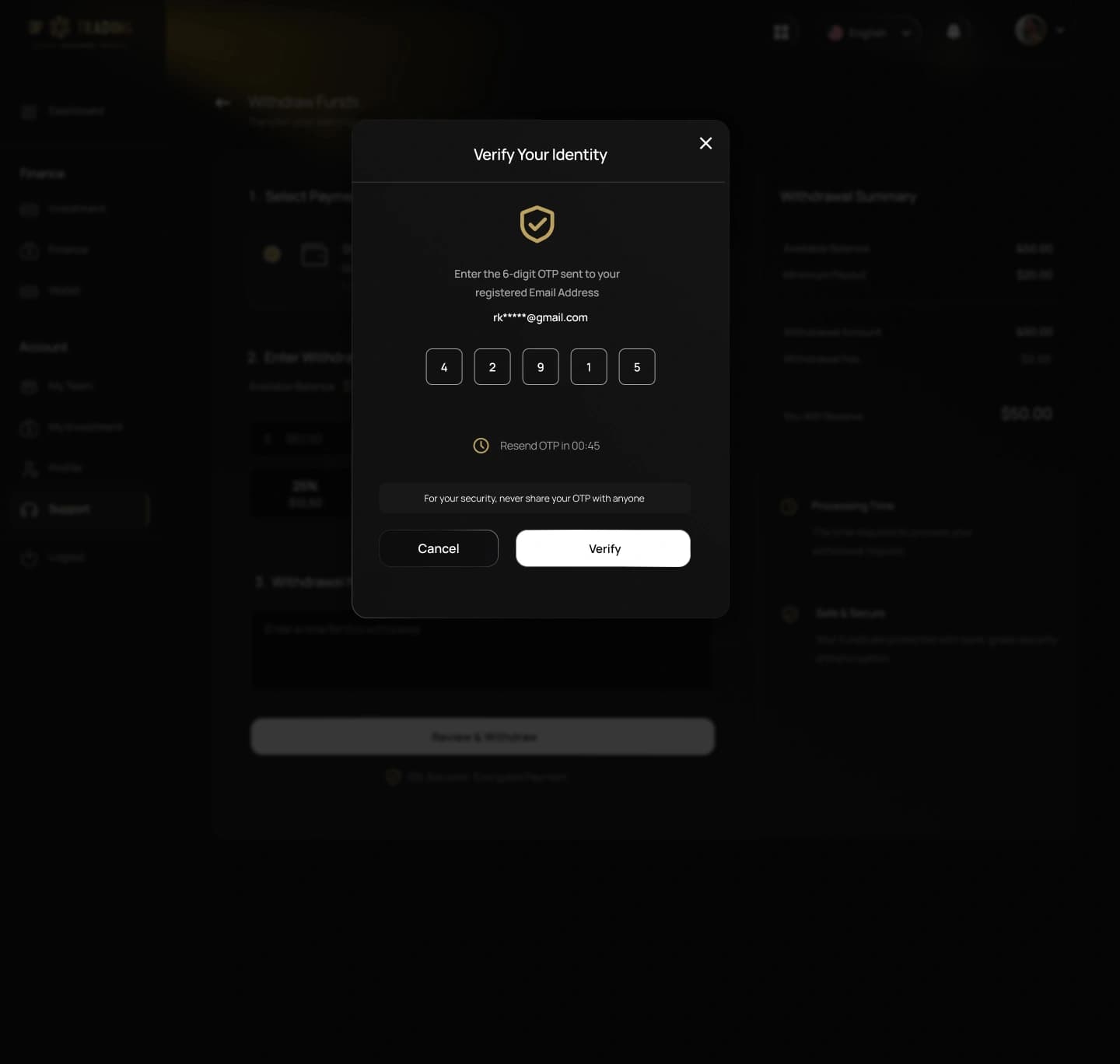DIP Trading dashboard screen design — Identity verification — OTP before a withdrawal