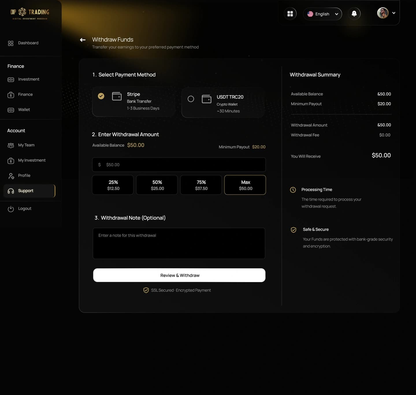 DIP Trading dashboard screen design — Withdraw funds — payment method, amount and summary