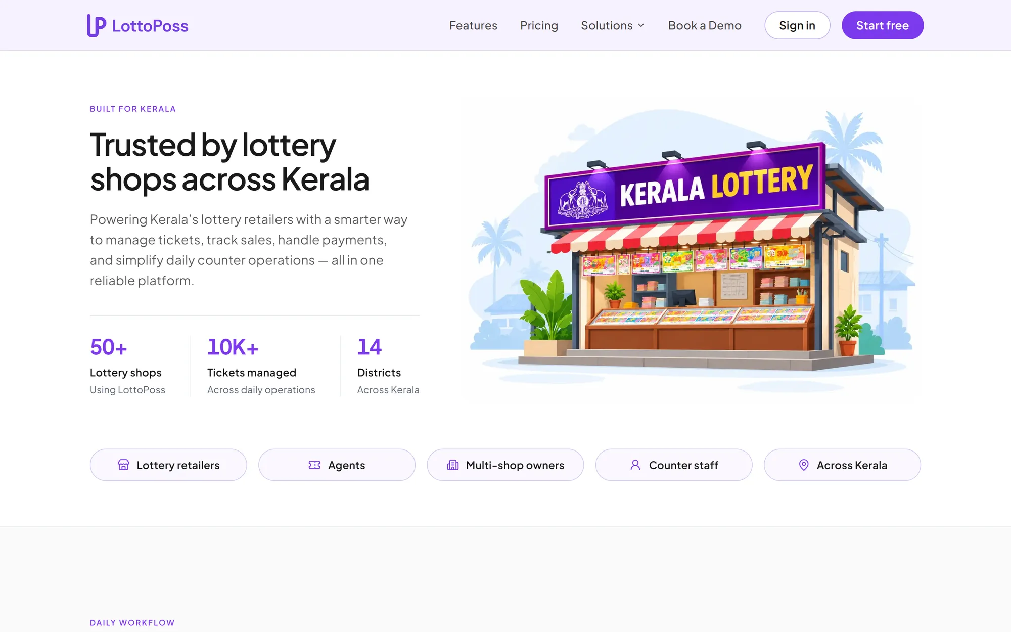 Website section introducing lottery shops, agents and counter staff