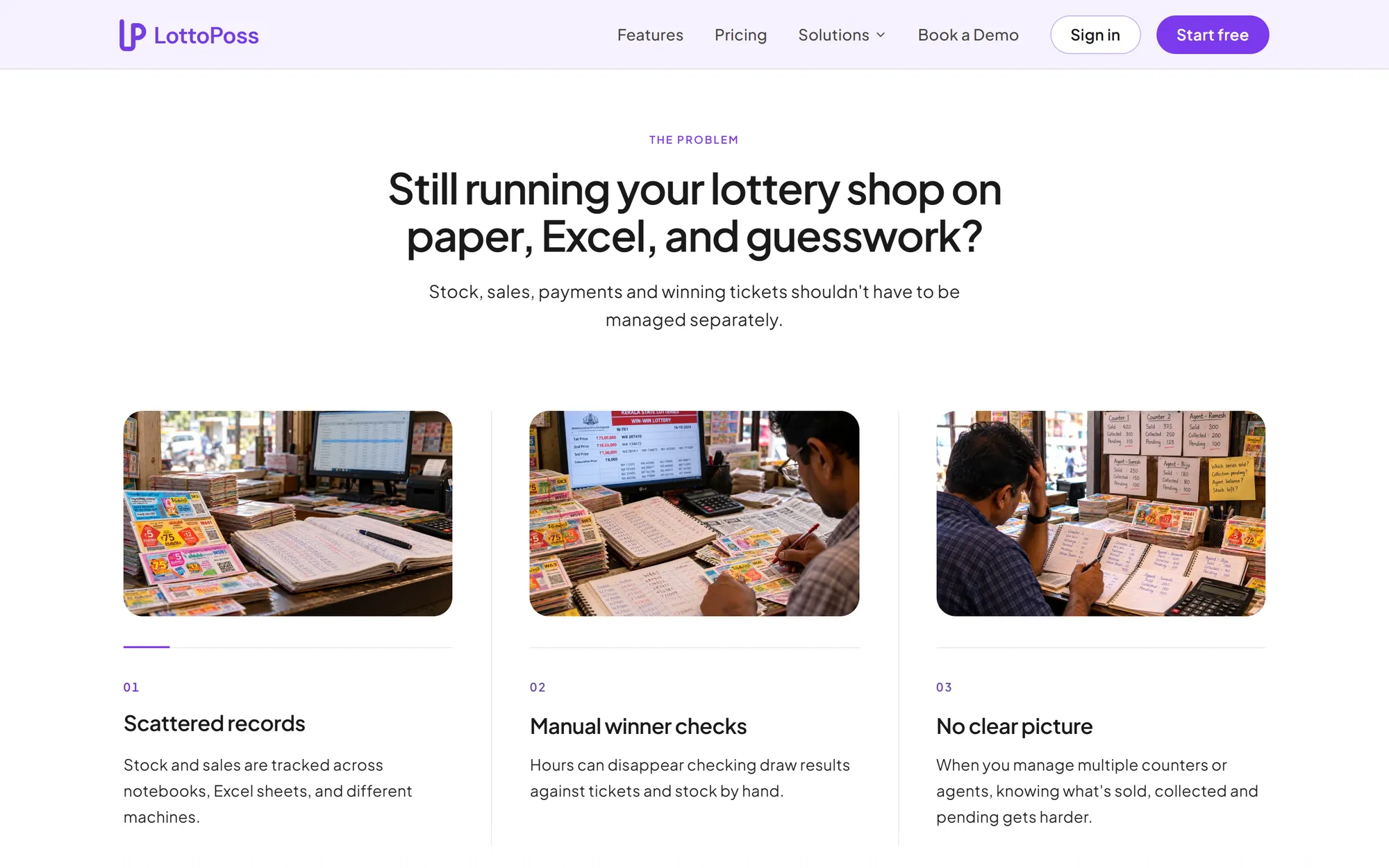 Website section with three photos of manual lottery record keeping