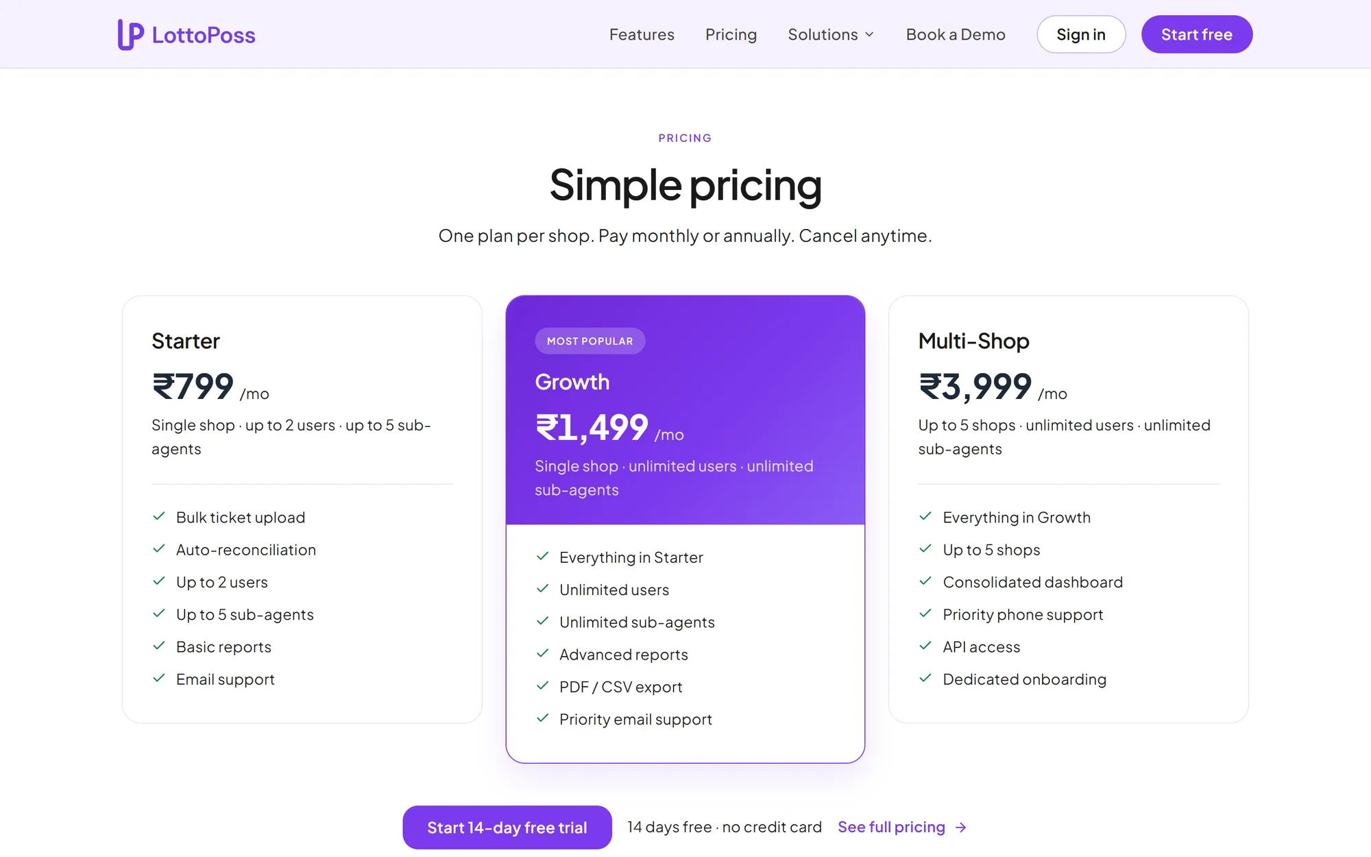 Website pricing table with Starter, Growth and Multi-Shop plans