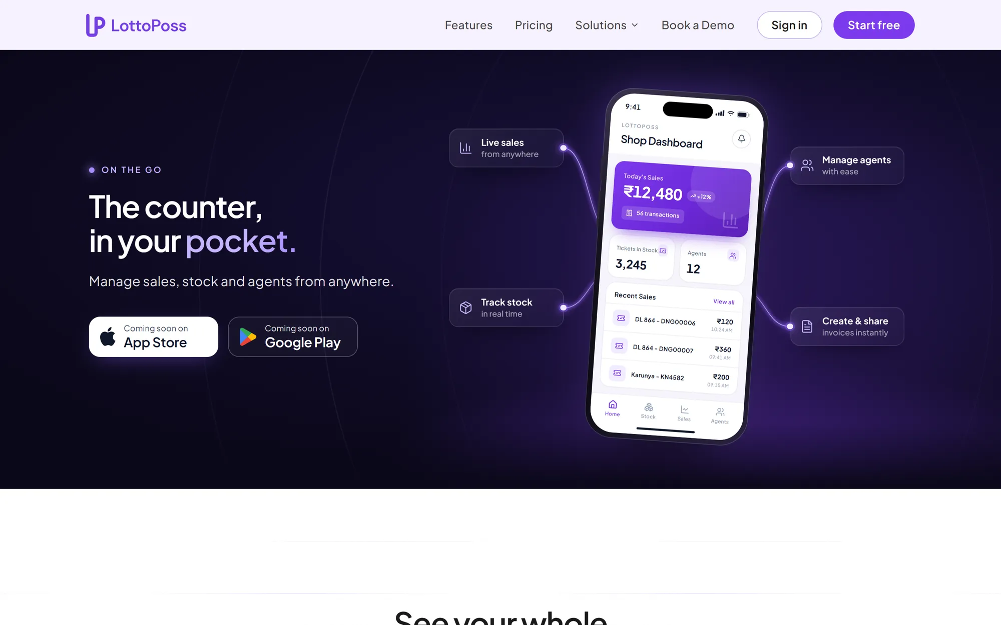 Dark website section previewing the LottoPoss mobile app