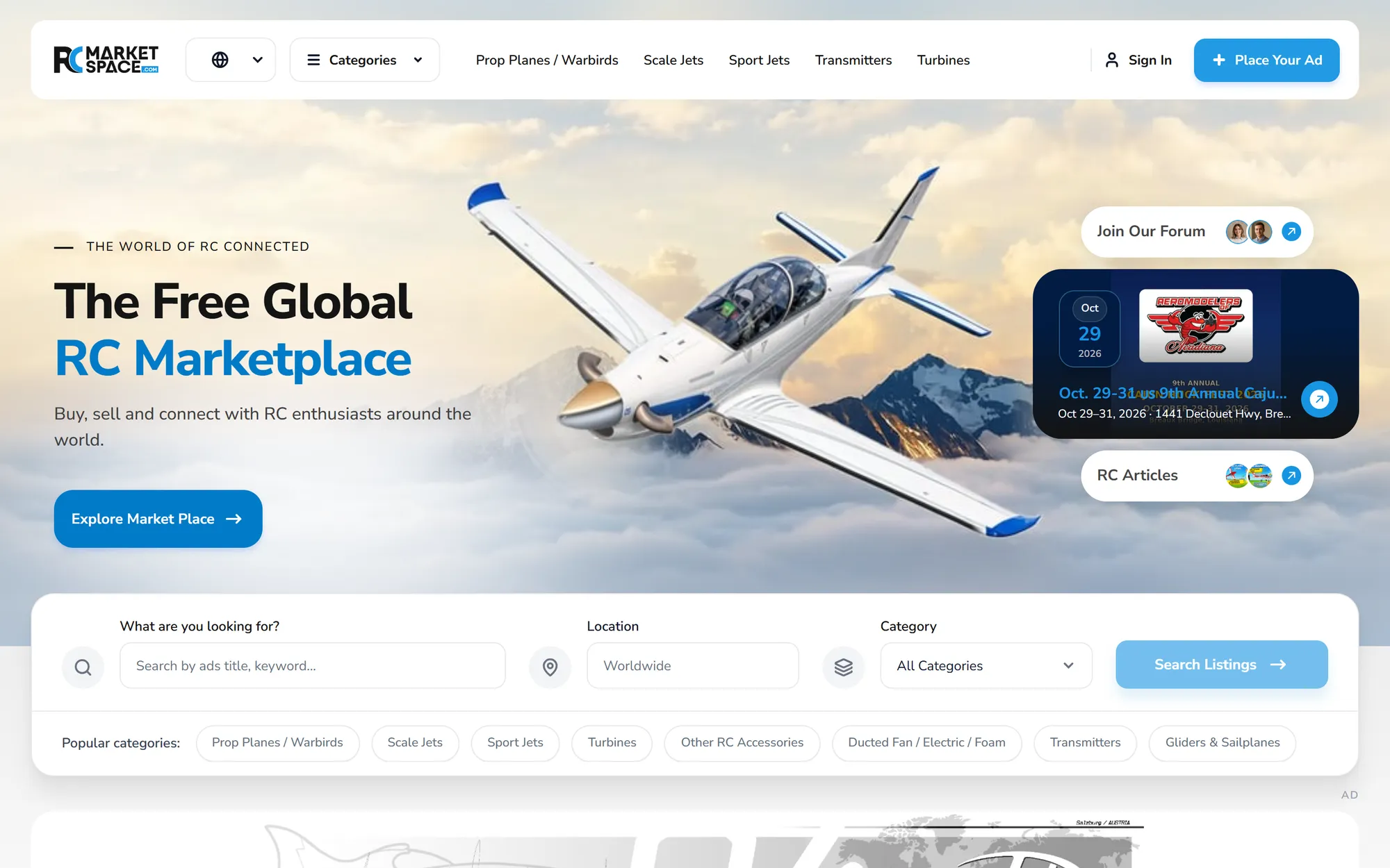 RC Marketspace hero with a jet over mountains and a three-field search bar