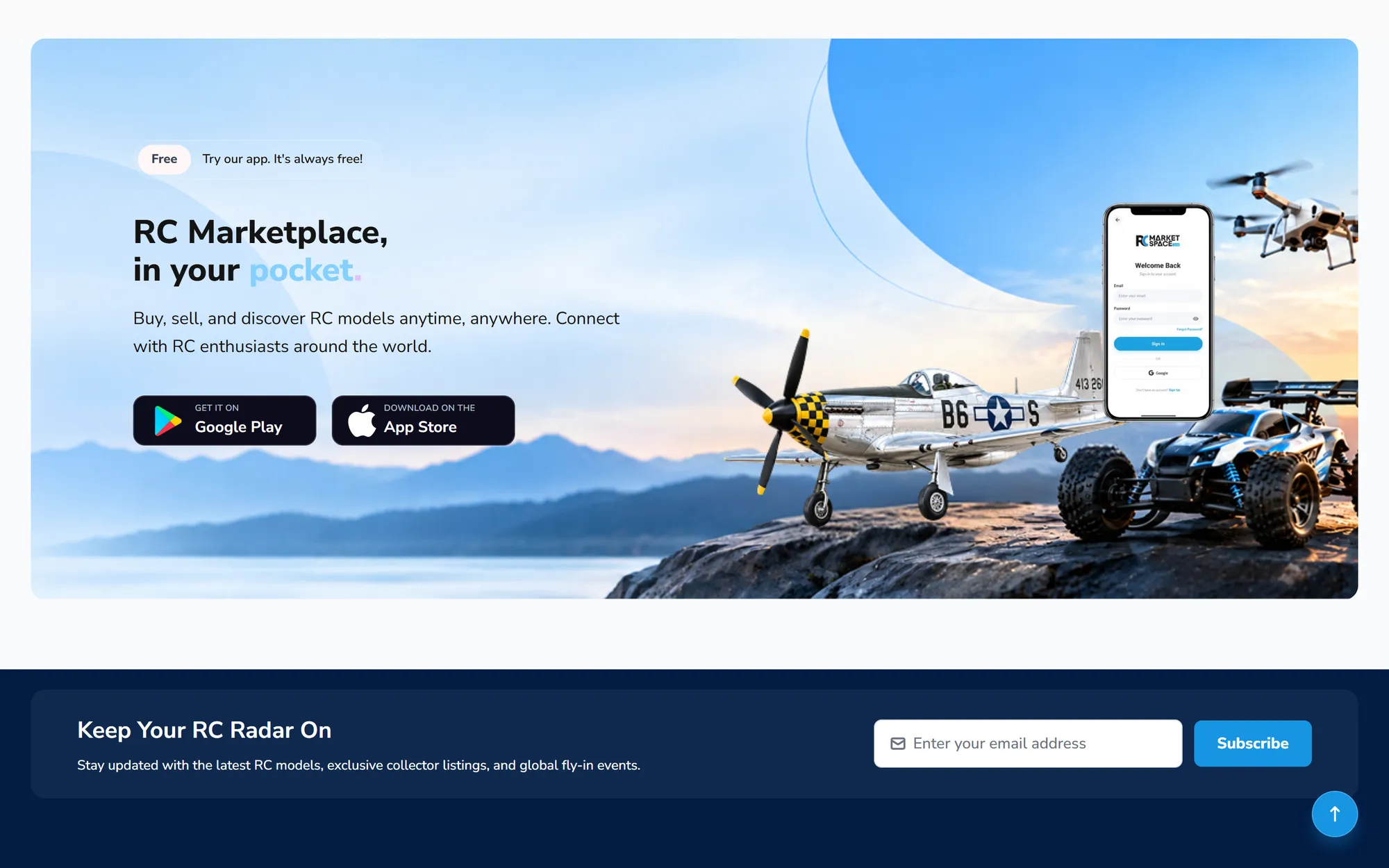 Website section promoting the app downloads, with an RC plane and car