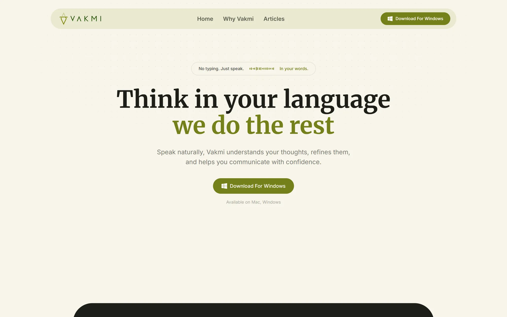 Vakmi cream hero with an olive green headline