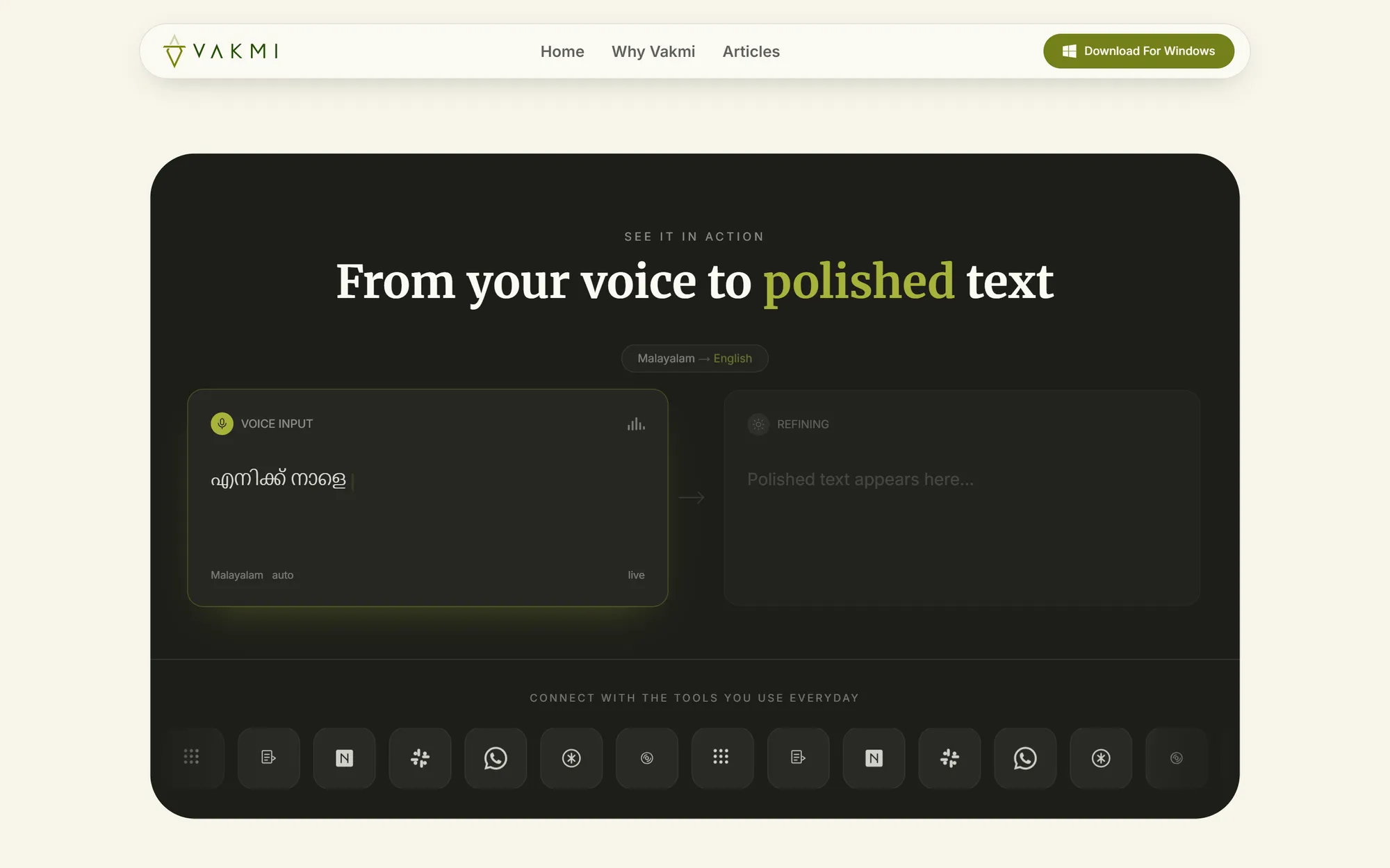Dark demo panel turning Malayalam voice input into English text