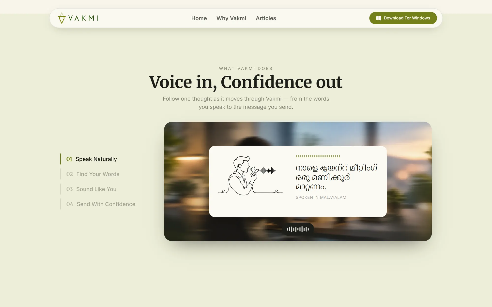 Step one of the walkthrough with Malayalam speech on a card