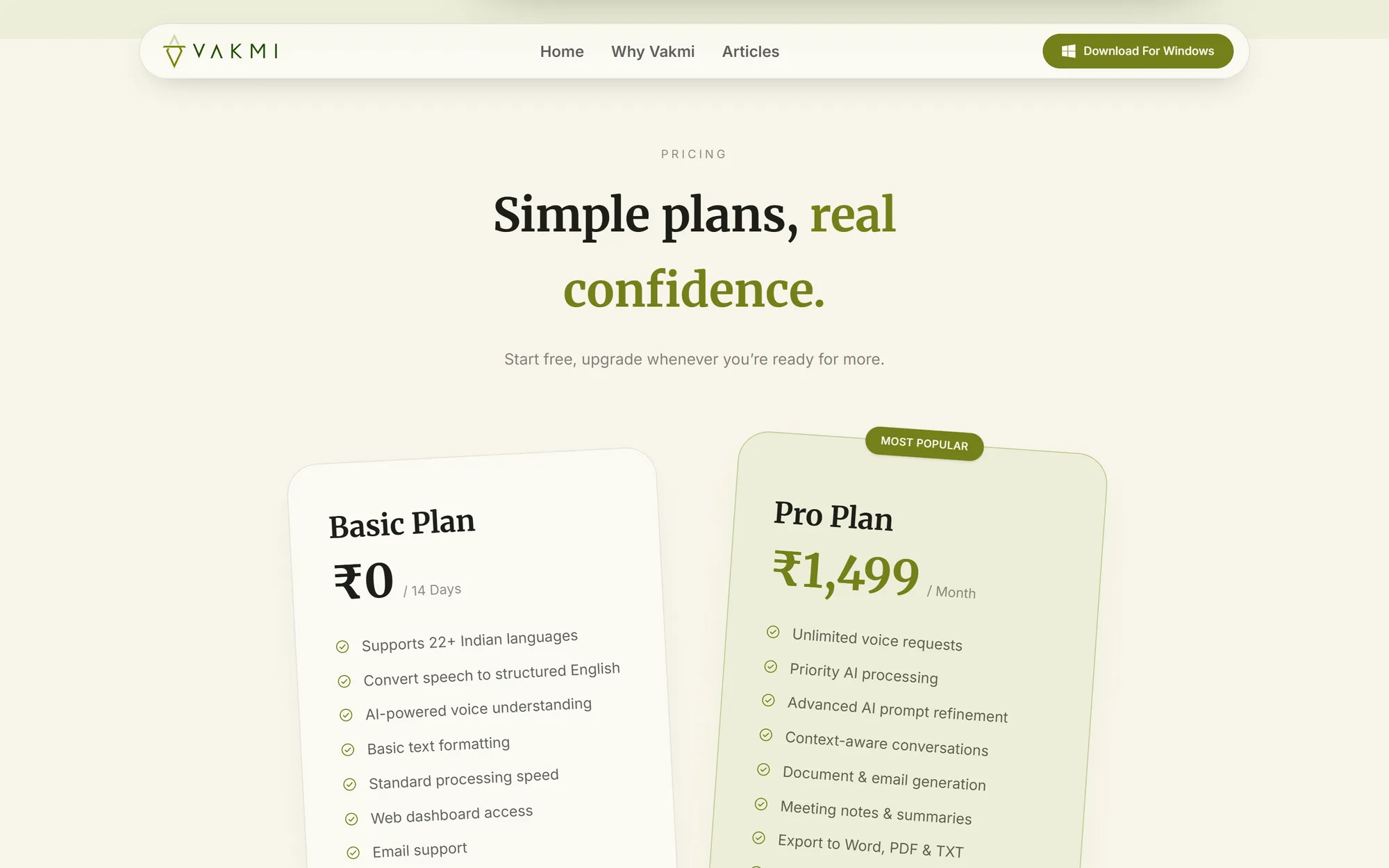 Two pricing cards, Basic at ₹0 and Pro at ₹1,499 a month